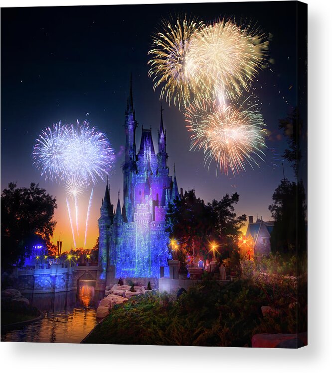 Magic Kingdom Acrylic Print featuring the photograph Castle Fireworks by Mark Andrew Thomas