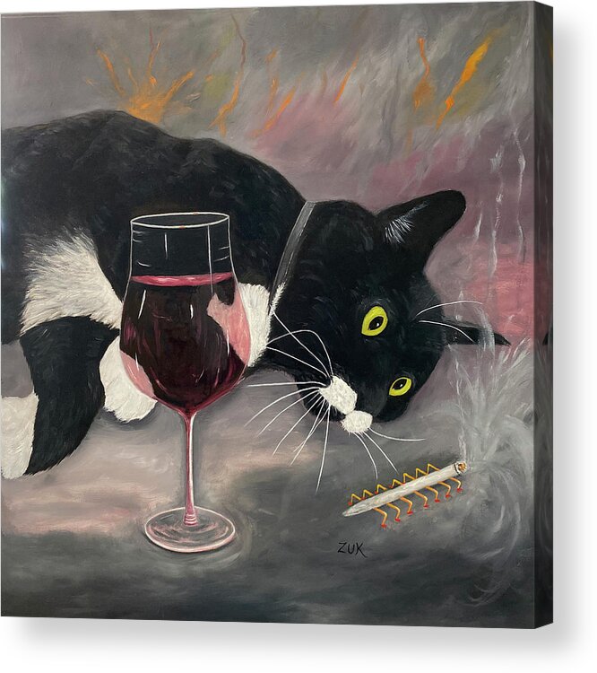 Funny Tuxedo Cat Acrylic Print featuring the painting Cat Dreaming by Karen Zuk Rosenblatt