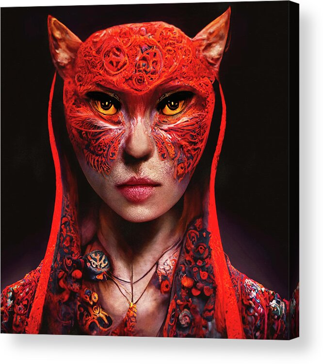 Warriors Acrylic Print featuring the digital art Cat Woman Warrior Wearing Red by Peggy Collins