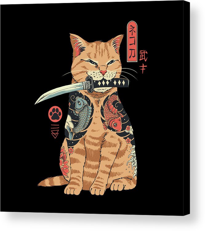 Cat Katana Cats Animal Animals Tattoo Samurai Cute Japanese-inspired Pet Pets Feline Felines Acrylic Print featuring the digital art Catana by Vincent Trinidad
