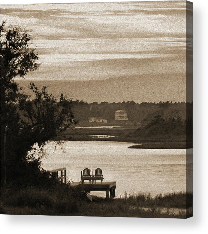 Beach Scene Acrylic Print featuring the photograph Chairs on a Dock by Mike McGlothlen