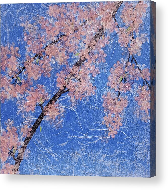 Cherry Blossom Acrylic Print featuring the painting CHERRY BLOSSOMS Abstract painting Pink and Blue by Lynnie Lang