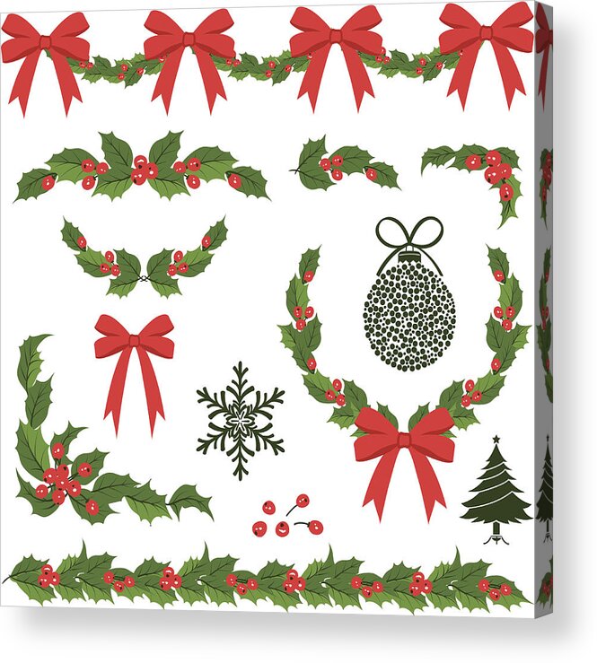 Christmas Ornament Acrylic Print featuring the drawing Christmas Holly Decorations and Ornaments by Diane Labombarbe
