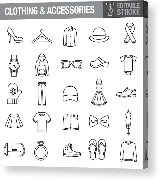 Coathanger Acrylic Print featuring the drawing Clothing and Accessories Editable Stroke Icon Set by Bortonia