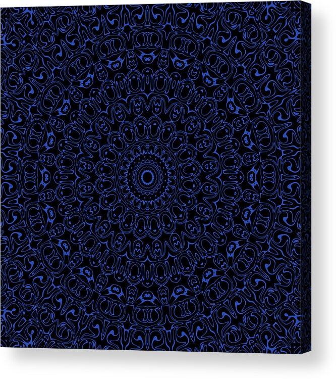 Cobalt Blue Acrylic Print featuring the digital art Cobalt Blue on Black Mandala Kaleidoscope Medallion Flower by Mercury McCutcheon