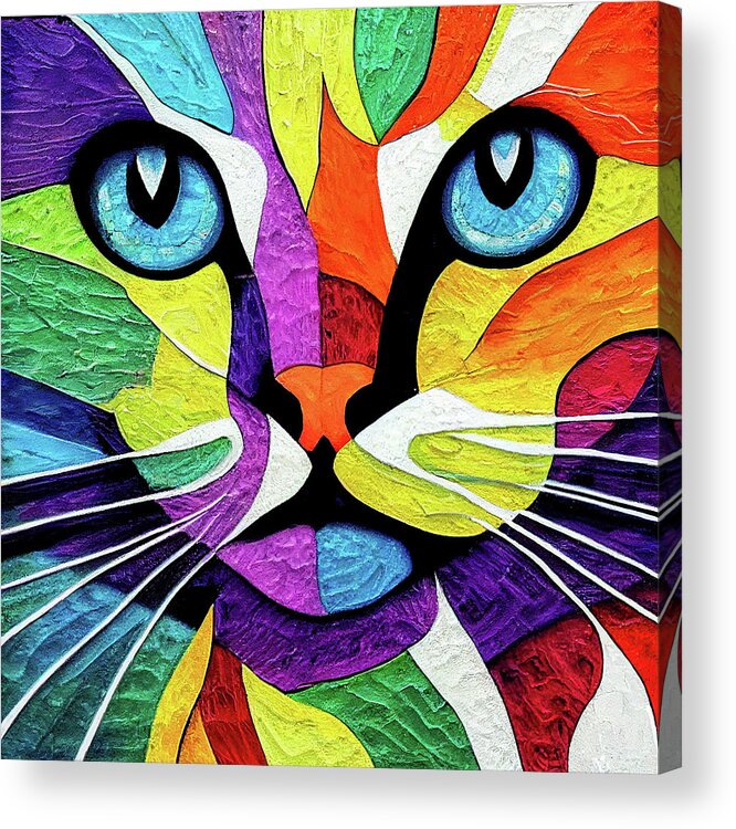 Cats Acrylic Print featuring the digital art Colorful Cat Mosaic - Blue Eyes by Mark Tisdale