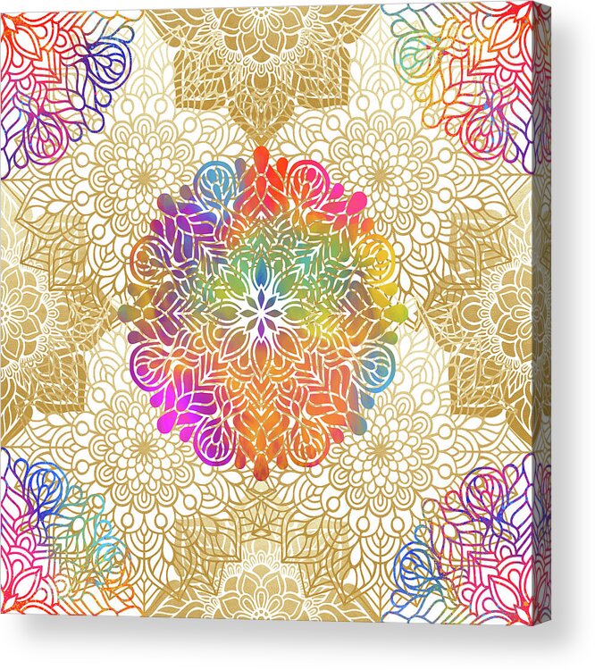 Mandala Acrylic Print featuring the digital art Colorful Gold Mandala Pattern by Sambel Pedes