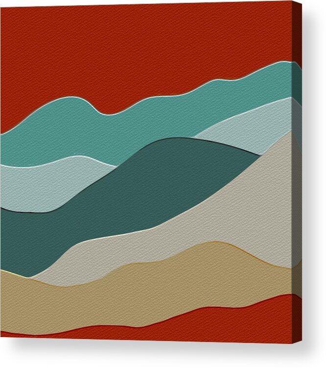 Hills Acrylic Print featuring the digital art Colorful Hills - red, teal, ochre, turquoise by Bonnie Bruno