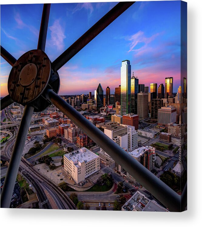 Dallas Skyline Acrylic Print featuring the photograph Colorful Skies Over The Dallas Skyline From Reunion Tower 1x1 by Gregory Ballos