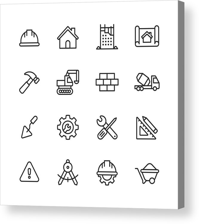 Civil Engineering Acrylic Print featuring the drawing Construction Line Icons. Editable Stroke. Pixel Perfect. For Mobile and Web. Contains such icons as Construction, Repair, Renovation, Blueprint, Helmet, Hammer, Brick, Work Tools, Spatula. by Rambo182