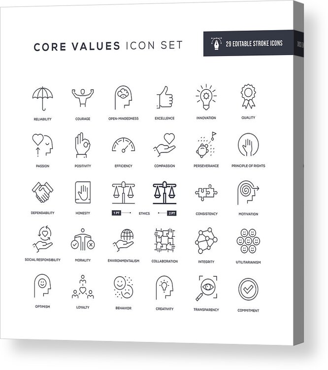 Corporate Business Acrylic Print featuring the drawing Core Values Editable Stroke Line Icons by Enis Aksoy