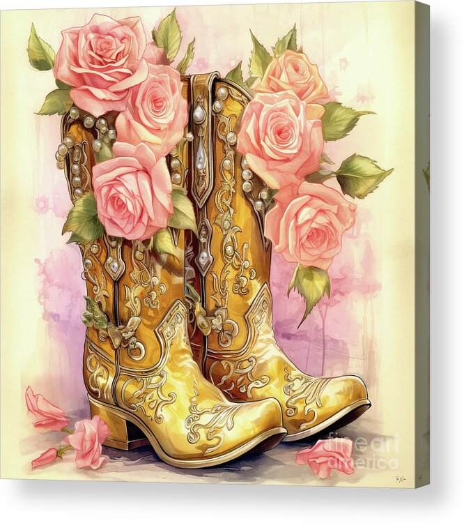 Cowgirl Acrylic Print featuring the painting Cowgirl Boots And Roses by Tina LeCour