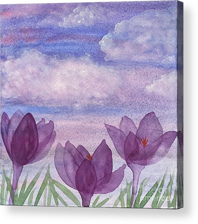 Crocuses Acrylic Print featuring the painting Crocuses and Clouds by Lisa Neuman