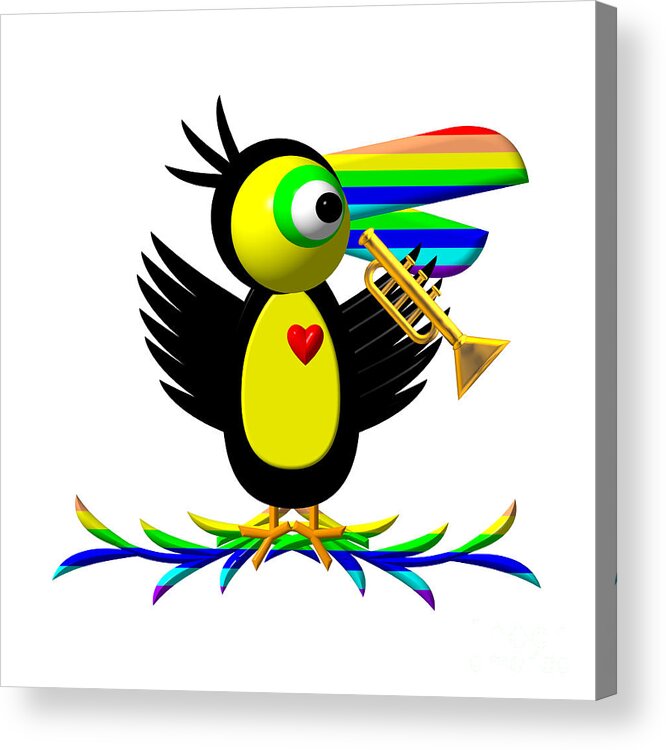 Cute Critters With Heart Toucan And Trumpet Acrylic Print featuring the digital art Cute Critters With Heart Toucan and Trumpet by Rose Santuci-Sofranko