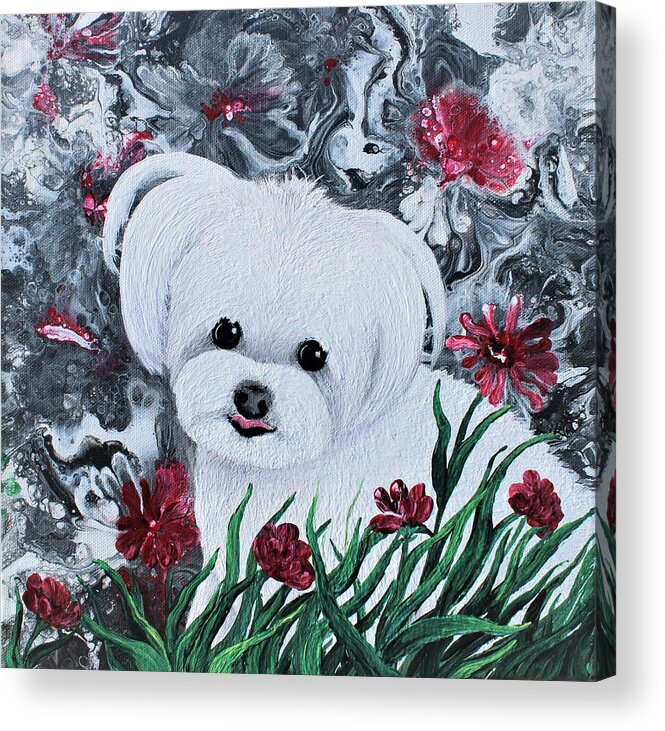 Wall Art Home Décor Dogs White Dogs Cute Dog Acrylic Painting Abstract Painting Animals Cute Animals Gift Idea Art For Sale Red Flower Abstract Flowers Acrylic Print featuring the painting Cute Sugar by Tanya Harr