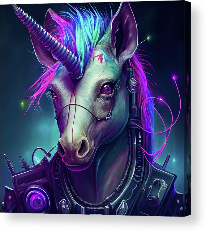 Unicorn Acrylic Print featuring the digital art Cyberpunk Unicorn Portrait 01 by Matthias Hauser