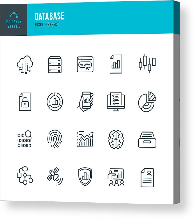 Internet Acrylic Print featuring the drawing DATABASE - thin line vector icon set. Pixel perfect. Editable stroke. The set contains icons: Big Data, Biometric Data, Analyzing, Diagram, Personal Data, Cloud Computing, Archive, Stock Market Data, Brain. by Fonikum