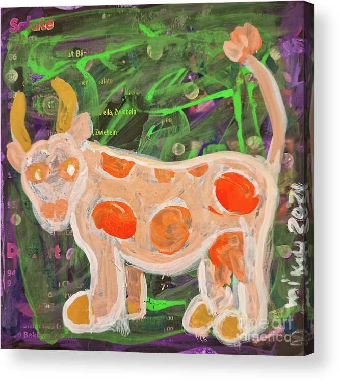 Cow Acrylic Print featuring the mixed media Die Orange-Gfleckte by Mimulux Patricia No