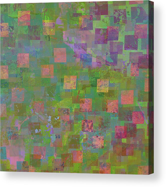 Dimensional Acrylic Print featuring the painting DIMENSIONAL GARDEN Abstract Squares Green Pink Purple by Lynnie Lang