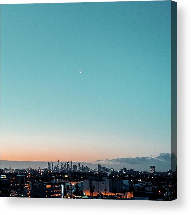 Downtown Los Angeles Skyline Crescent Moon Acrylic Print featuring the photograph Downtown Los Angeles Skyline Crescent Moon by Jera Sky