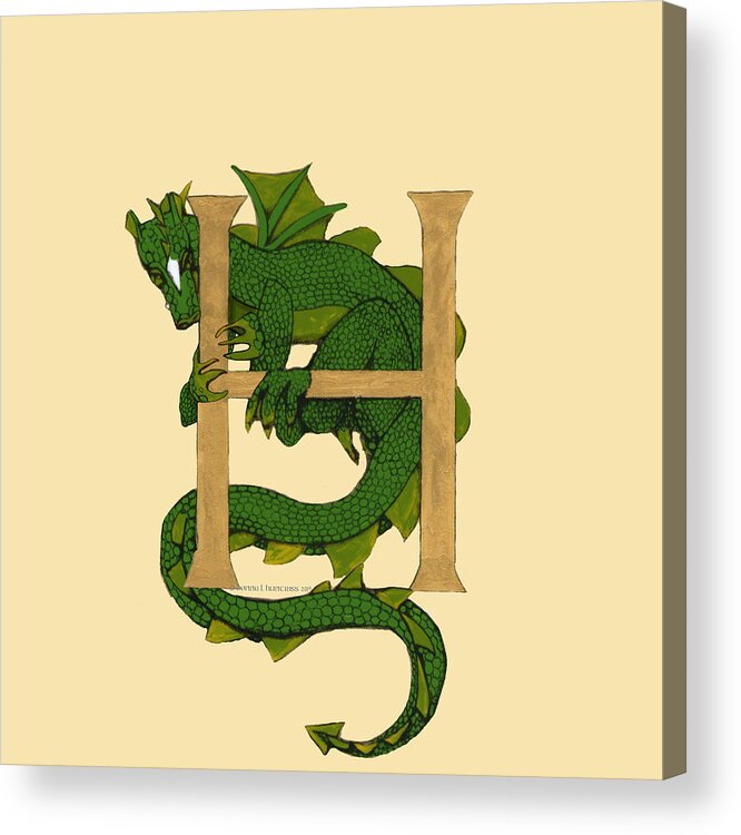 Dragon Acrylic Print featuring the mixed media Dragon Letter H no roses by Donna Huntriss