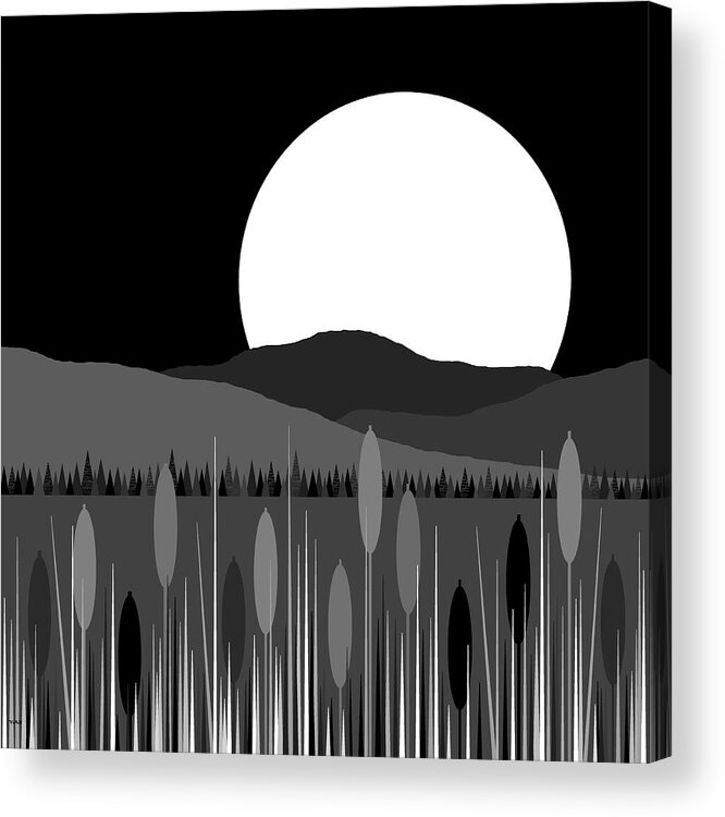 Evening Moon Acrylic Print featuring the digital art Evening Moon - Cattails in Black and White by Val Arie