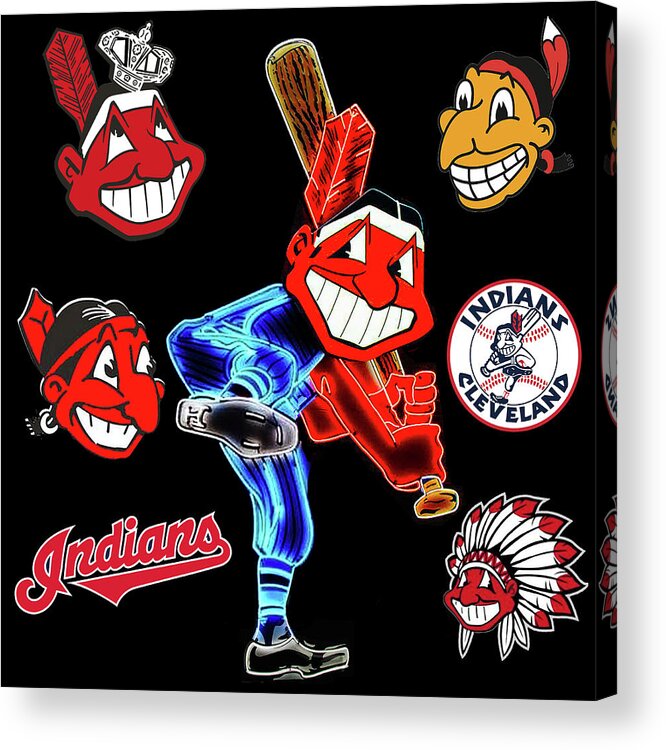 Chief Wahoo Acrylic Print featuring the mixed media Faces of the Cleveland Indians by Pheasant Run Gallery