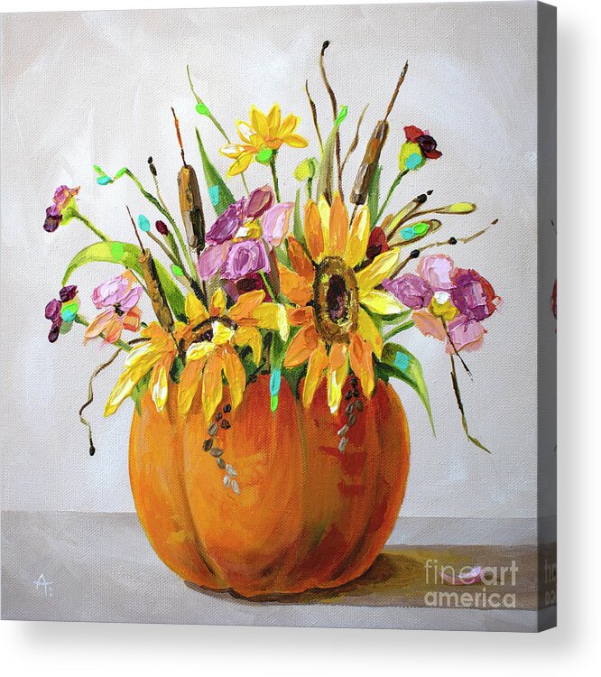 Pumpkin Acrylic Print featuring the painting Pumpkin Spice - Fall flower painting by Annie Troe