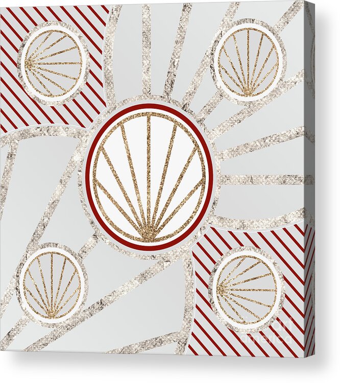 Abstract Acrylic Print featuring the mixed media Festive Sparkly Geometric Glyph Art in Red Silver and Gold n.0127 by Holy Rock Design