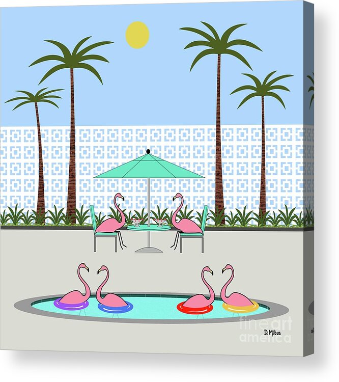 Pink Flamingos Acrylic Print featuring the digital art Flamingo Pool Party by Donna Mibus