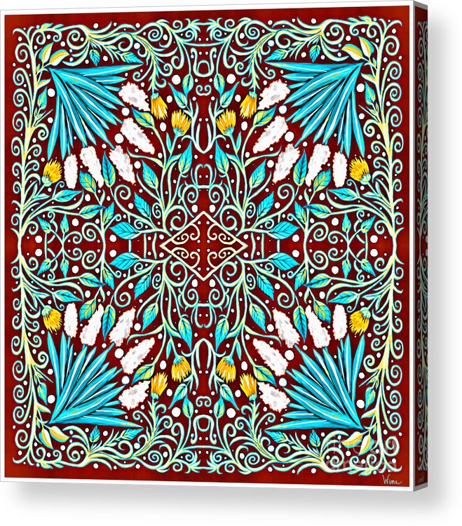 Turquoise Leaves Acrylic Print featuring the mixed media Floral Design in Turquoise, Yellow and Red by Lise Winne