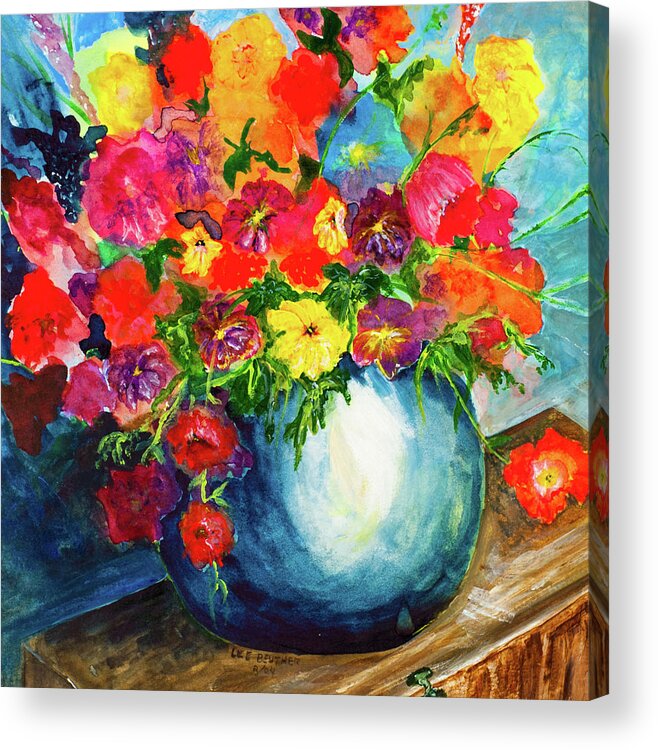 Acrylic Acrylic Print featuring the painting Flowers in Blue Bowl by Lee Beuther