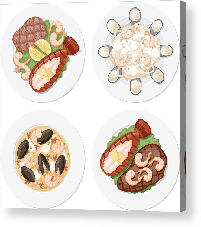 Fettuccine Acrylic Print featuring the drawing Four Seafood Plates by Bortonia