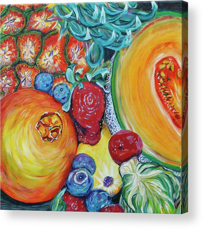 Colorful Fruit Acrylic Print featuring the painting Fruit and a Brussel Sprout by Dorsey Northrup