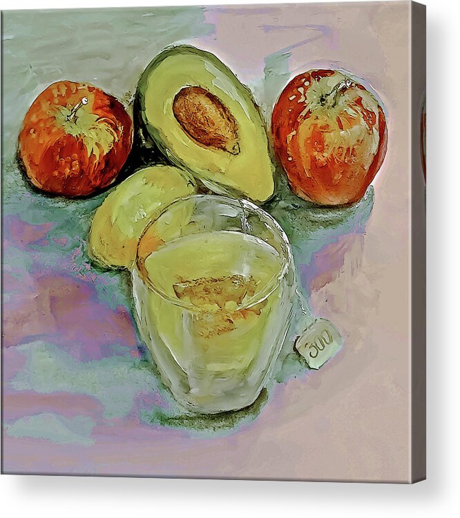 Fruit Acrylic Print featuring the mixed media Fruit And Tea Snack Watercolor by Lisa Kaiser