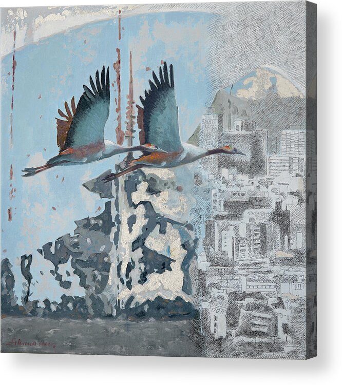 Cranes Acrylic Print featuring the painting Fuji, Fujiyama Tokyo by Uwe Fehrmann