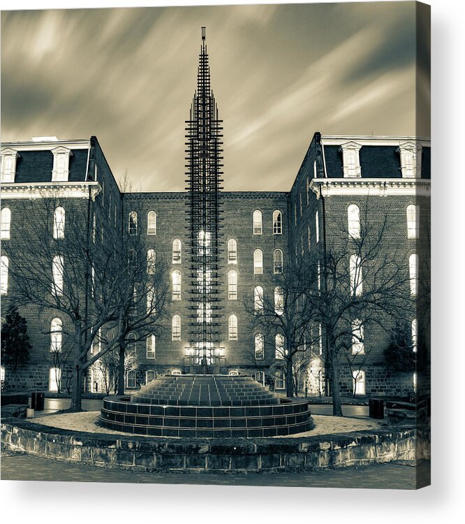 Old Main Print Acrylic Print featuring the photograph Fulbright Fountain and Old Main - University of Arkansas in Sepia by Gregory Ballos