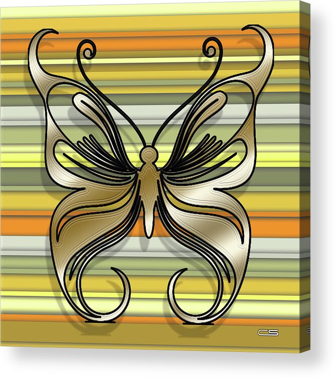 Staley Acrylic Print featuring the digital art Gold Butterfly on Yellow Stripes by Chuck Staley