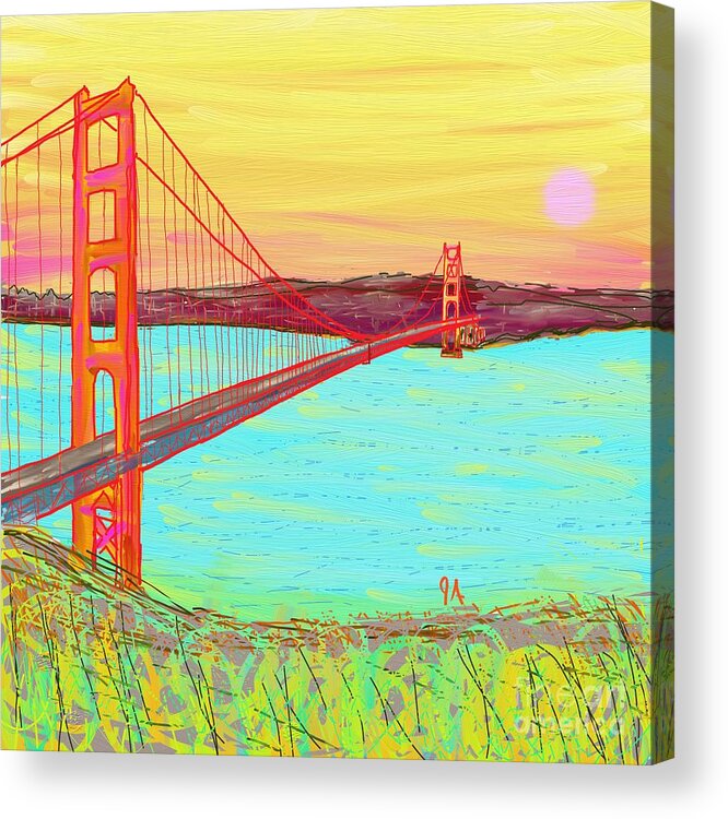 Golden Acrylic Print featuring the painting Golden Gate Sunset by Jeremy Aiyadurai