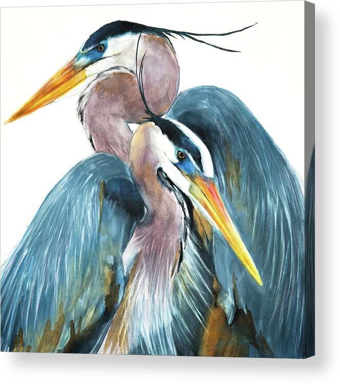 Great Blue Heron Acrylic Print featuring the mixed media Great Blue Heron Couple by Jani Freimann