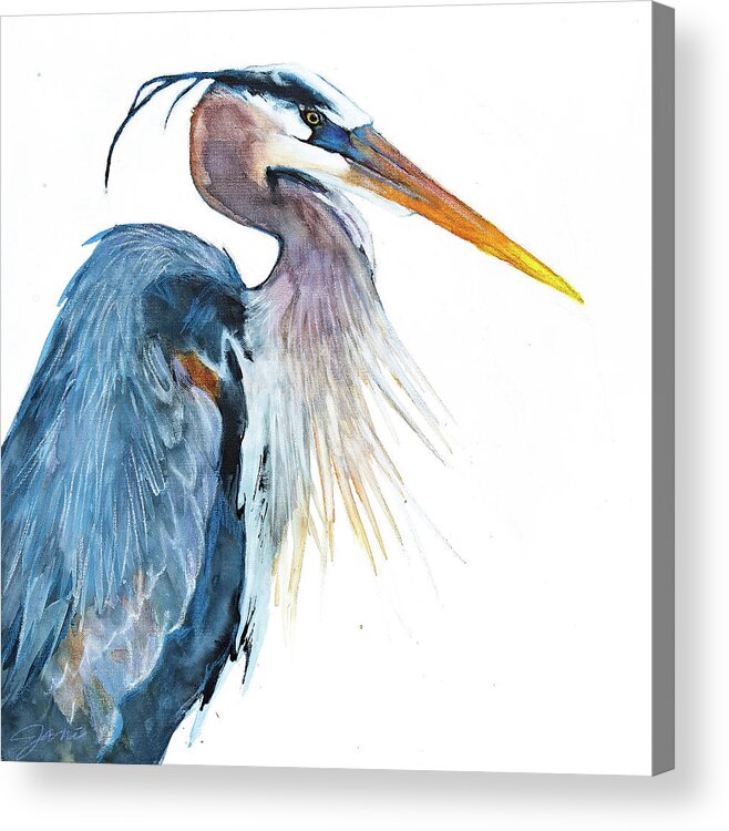 Great Blue Heron Acrylic Print featuring the mixed media Great Blue Heron by Jani Freimann