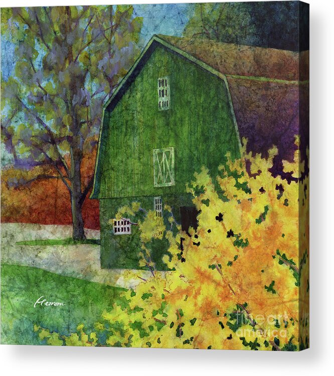 Barn Acrylic Print featuring the painting Green Barn - Forsythia by Hailey E Herrera
