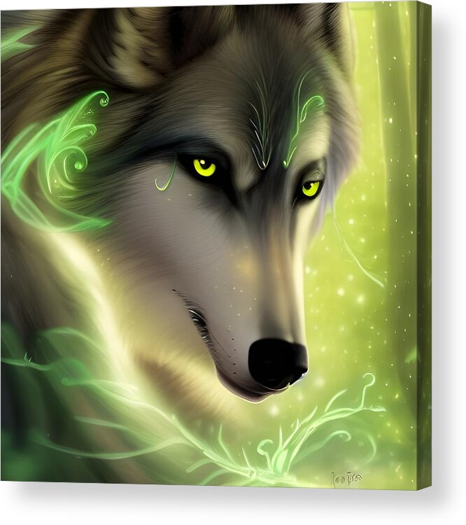 Digital Acrylic Print featuring the digital art Green-Eyed Wolf by Beverly Read