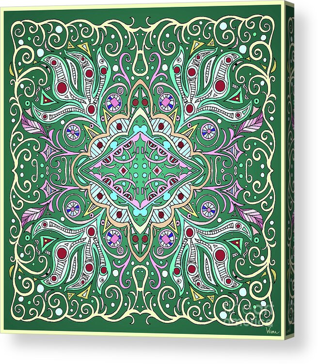 Yellow Swirls Acrylic Print featuring the mixed media Green Ornate Symmetrical Design with Diamond by Lise Winne