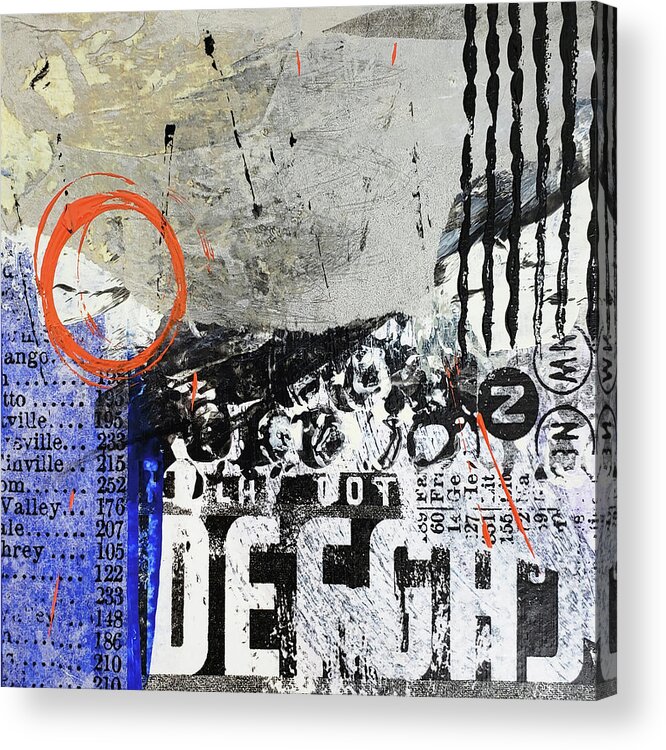 Grunge Acrylic Print featuring the mixed media GRUNGE Abstract Collage in Blue Black White Words Numbers by Lynnie Lang