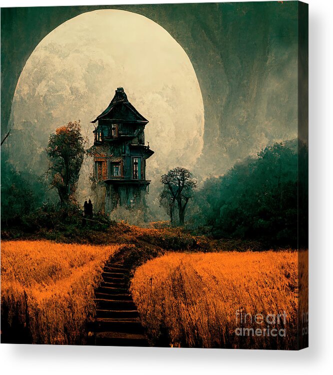 House Acrylic Print featuring the digital art Halloween night scene with haunted house and full moon. Horror o by Jelena Jovanovic