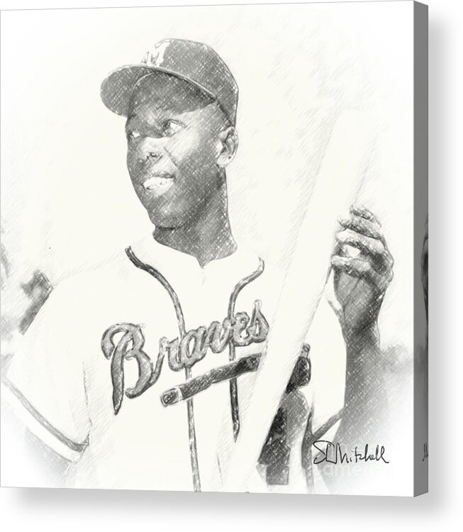 Hank Aaron Acrylic Print featuring the drawing Hammerin' Hank by Steve Mitchell
