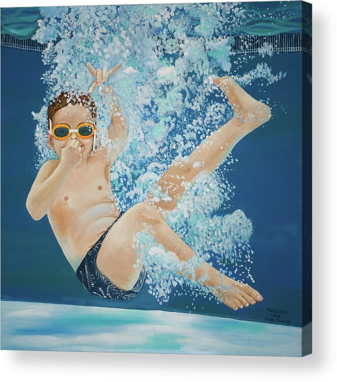 Swimming Pool Acrylic Print featuring the painting Hang Loose Boy Underwater Swimming Painting by Linda Queally by Linda Queally