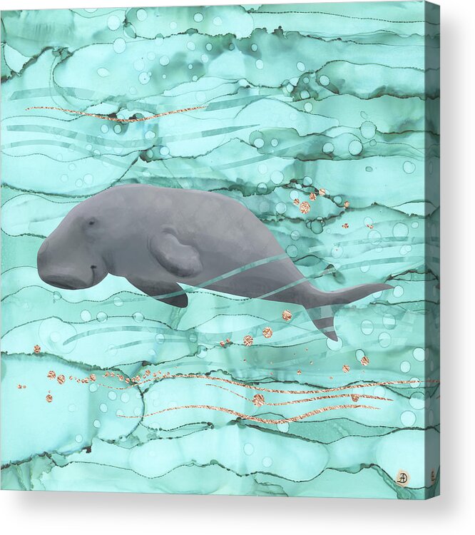 Happy Manatee Acrylic Print featuring the digital art Happy Dugong Swimming in Coral Reef Waters by Andreea Dumez