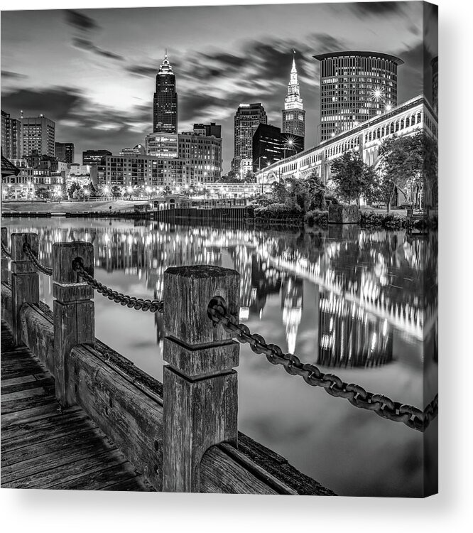 Cleveland Ohio Acrylic Print featuring the photograph Heritage Park Riverfront View of The Cleveland Skyline - Black and White by Gregory Ballos